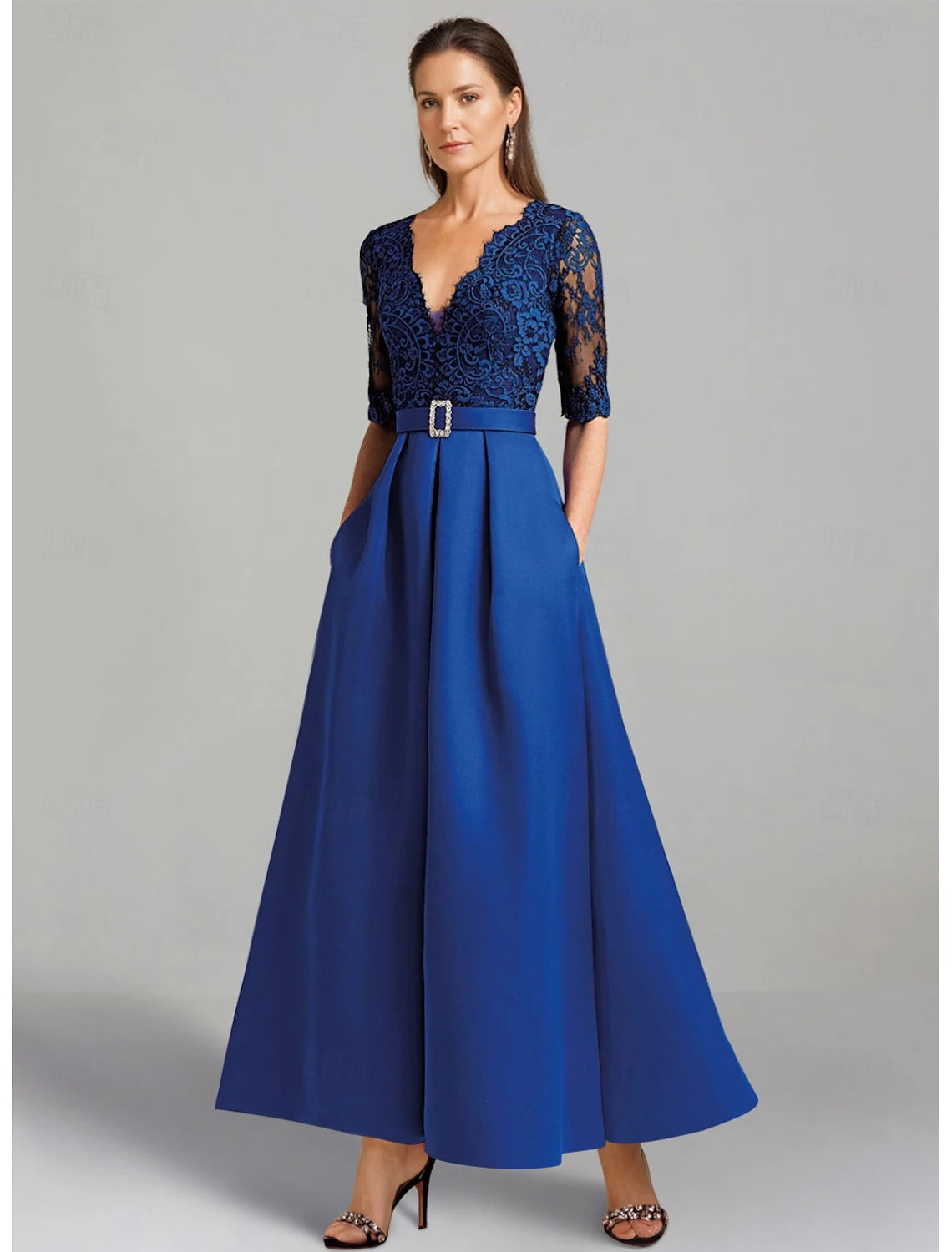 Buyishang A-Line Dress Mother of the Bride Dress Elegant High Low V Neck Asymmetrical Ankle Length Satin Lace Half Sleeve with Lace Color Block free custom size